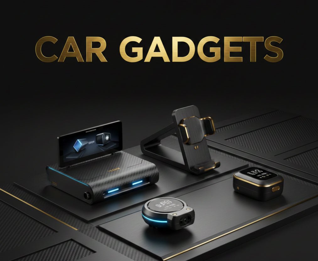 “Premium car gadgets collection including smart dashboard display, wireless car charger, digital tire pressure monitor, and magnetic phone mount designed for modern vehicles and smart driving”