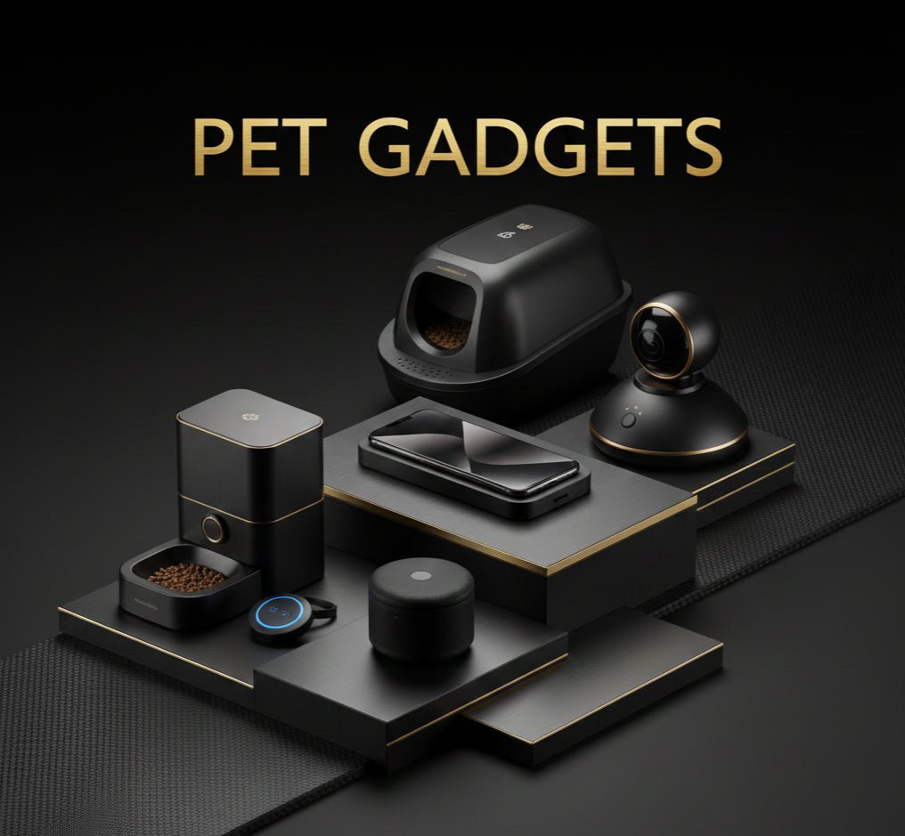 Pet Gadgets Collection featuring smart automatic pet feeder, pet monitoring camera, intelligent pet litter box, and modern pet care accessories in a premium black and gold design